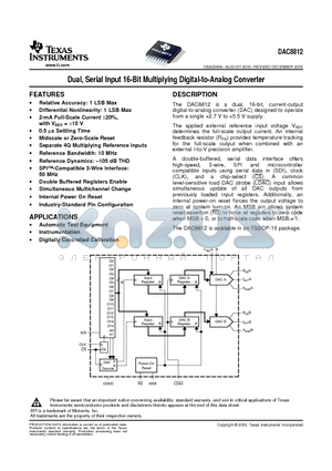 DAC8812 datasheet - Dual, Serial Input 16-Bit Multiplying Digital-to-Analog Converter