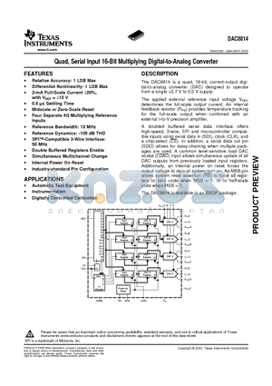 DAC8814 datasheet - Quad, Serial Input 16-Bit Multiplying Digital-to-Analog Converter
