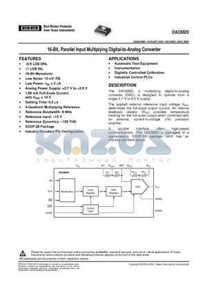 DAC8820 datasheet - 16-Bit, Parallel Input Multiplying Digital-to-Analog Converter