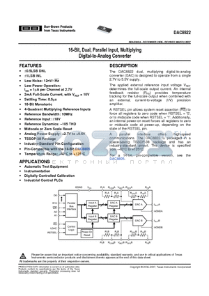 DAC8822QBDBTR datasheet - 16-Bit, Dual, Parallel Input, Multiplying Digital-to-Analog Converter