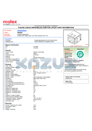 44282-0004 datasheet - Modular Jack, Right Angle, Low Profile, Shielded, SMT, 8/8