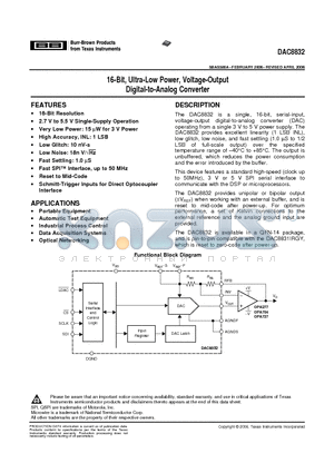 DAC8832IBRGYTG4 datasheet - 16-Bit, Ultra-Low Power, Voltage-Output Digital-to-Analog Converter