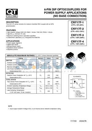 CNY17F-1 datasheet - 6-PIN DIP OPTOCOUPLERS FOR POWER SUPPLY APPLICATIONS