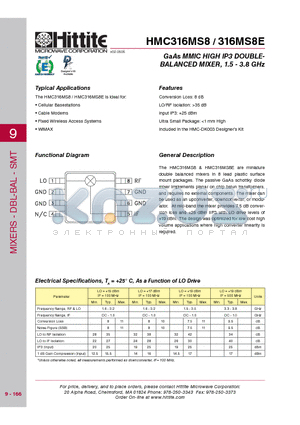 316MS8E datasheet - GaAs MMIC HIGH IP3 DOUBLE-BALANCED MIXER, 1.5 - 3.8 GHz