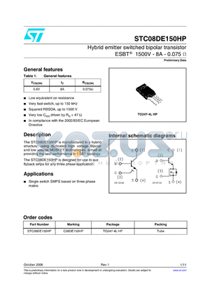 C08DE150HP datasheet - Hybrid emitter switched bipolar transistor ESBT 1500V - 8A - 0.075 ohm