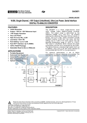 DAC8871 datasheet - 16-Bit, Single-Channel, a18V Output (Unbuffered), Ultra-Low Power, Serial Interface DIGITAL-TO-ANALOG CONVERTER