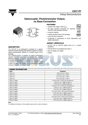 CNY17F-1X007 datasheet - Optocoupler, Phototransistor Output,no Base Connection