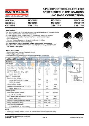 CNY17F-2 datasheet - 6-PIN DIP OPTOCOUPLERS FOR POWER SUPPLY APPLICATIONS (NO BASE CONNECTION)