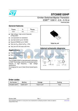 C08IE120HP datasheet - Emitter Switched Bipolar Transistor ESBT 1200 V - 8A - 0.10 ohm