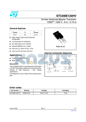 C08IE120HV datasheet - Emitter Switched Bipolar Transistor ESBT 1200 V - 8A - 0.10 ohm