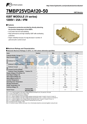 7MBP25VDA120-50 datasheet - IGBT MODULE (V series) 1200V / 25A / IPM