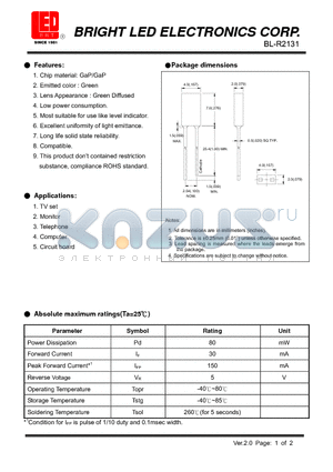 BL-R2131 datasheet - GaP/GaP Green Low power consumption.
