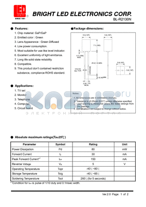 BL-R2130N datasheet - GaP/GaP Green Low power consumption