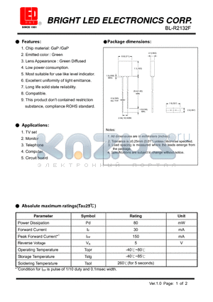 BL-R2132K datasheet - GaP /GaP Green Low power consumption.