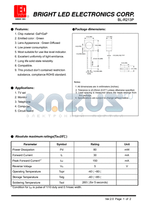 BL-R213P datasheet - GaP/GaP Green Most suitable for use like level indicator.