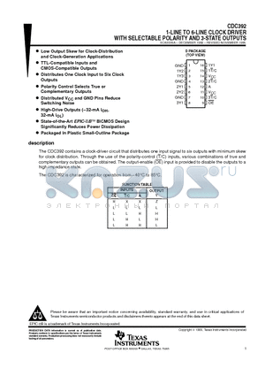 CDC392DR datasheet - 1-LINE TO 6-LINE CLOCK DRIVER WITH SELECTABLE POLARITY AND 3-STATE OUTPUTS