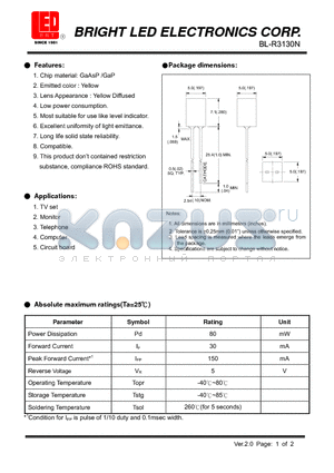 BL-R3130N datasheet - GaAsP /GaP Yellow Low power consumption.