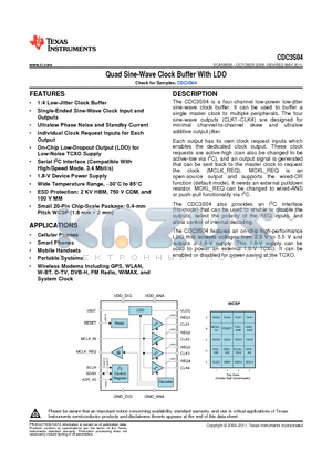 CDC3S04YFFR datasheet - Quad Sine-Wave Clock Buffer With LDO