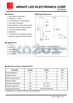 BL-R3132 datasheet - GaAsP/GaP Yellow Low power consumption.