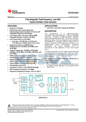 CDC421A125RGER datasheet - Fully-Integrated, Fixed-Frequency, Low-Jitter Crystal Oscillator Clock Generator