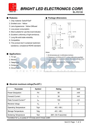 BL-R3138 datasheet - GaAsP/GaP Yellow Low power consumption.