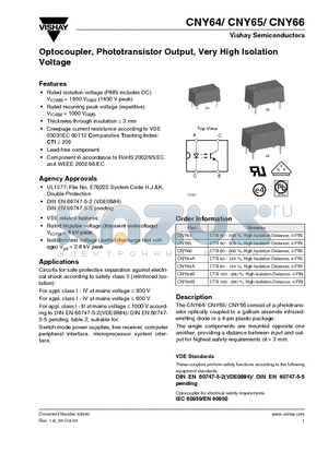 CNY65A datasheet - Optocoupler, Phototransistor Output, Very High Isolation Voltage