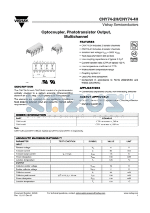 CNY74-4H datasheet - Optocoupler, Phototransistor Output,Multichannel
