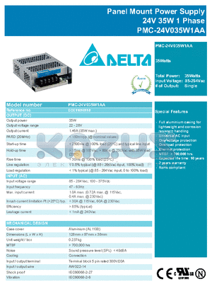 EOE11010118 datasheet - Panel Mount Power Supply 24V 35W 1 Phase