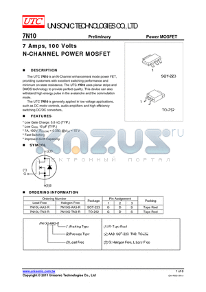 7N10G-AA3-R datasheet - 7 Amps, 100 Volts N-CHANNEL POWER MOSFET