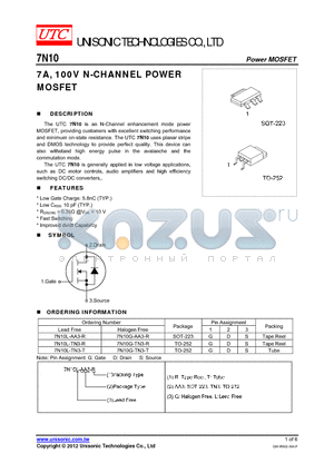 7N10G-AA3-R datasheet - 7A, 100V N-CHANNEL POWER MOSFET