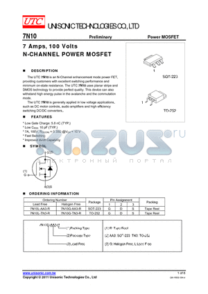 7N10L-TN3-R datasheet - 7 Amps, 100 Volts N-CHANNEL POWER MOSFET