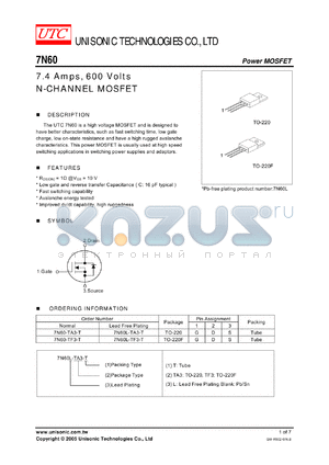 7N60-TF3-T datasheet - 7.4 Amps, 600 Volts N-CHANNEL MOSFET