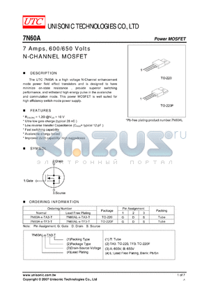 7N60A-X-TA3-T datasheet - 7 Amps, 600/650 Volts N-CHANNEL MOSFET