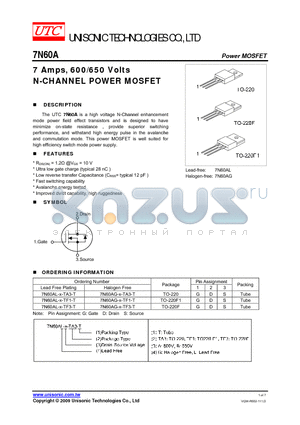 7N60AG-X-TA3-T datasheet - 7 Amps, 600/650 Volts N-CHANNEL POWER MOSFET