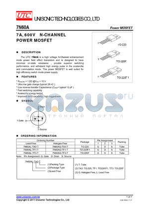 7N60AG-TA3-T datasheet - 7A, 600V N-CHANNEL POWER MOSFET