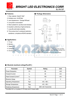 BL-R413P datasheet - GaAsP /GaP Hi-Eff Red Most suitable for use like level indicator.