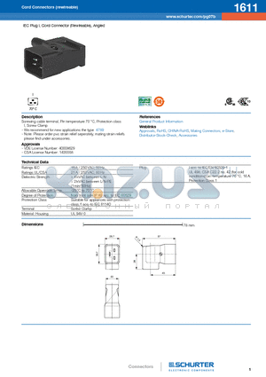 1611 datasheet - IEC Plug I, Cord Connector (Rewireable), Angled