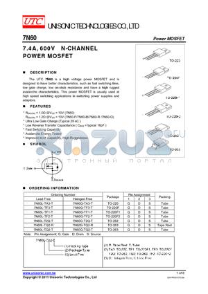 7N60G-TF1-T datasheet - 7.4A, 600V N-CHANNEL POWER MOSFET