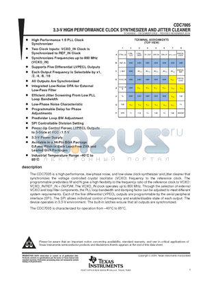 CDC7005ZVAR datasheet - 3.3-V HIGH PERFORMANCE CLOCK SYNTHESIZER AND JITTER CLEANER