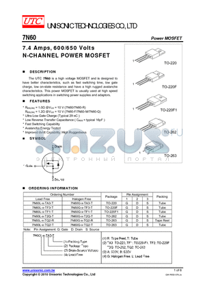 7N60G-X-TQ2-R datasheet - 7.4 Amps, 600/650 Volts N-CHANNEL POWER MOSFET