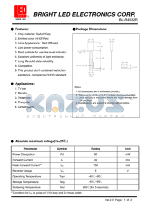 BL-R4532R datasheet - GaAsP/Gap Hi-Eff Red Low power consumption.