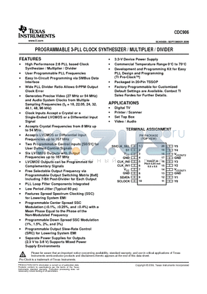 CDC906 datasheet - PROGRAMMABLE 3-PLL CLOCK SYNTHESIZER / MULTIPLIER / DIVIDER