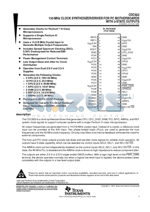 CDC922 datasheet - 133-MHz CLOCK SYNTHESIZER/DRIVER FOR PC MOTHERBOARDS WITH 3-STATE OUTPUTS