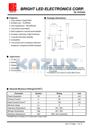 BL-R4539A datasheet - GaAsP/GaP Hi-Eff Red Low power consumption.