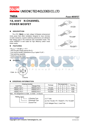 7N65AG-TF1-T datasheet - 7A, 650V N-CHANNEL POWER MOSFET