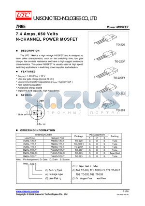 7N65G-TF3-T datasheet - 7.4 Amps, 650 Volts N-CHANNEL POWER MOSFET