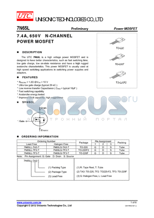 7N65LG-TF3-T datasheet - 7.4A, 650V N-CHANNEL POWER MOSFET