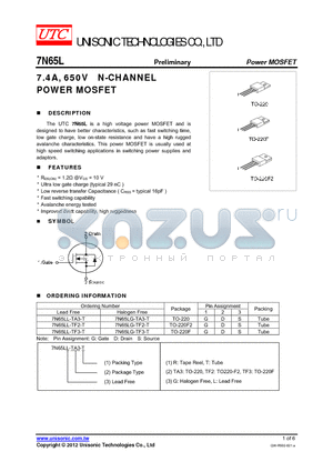 7N65LL-TF3-T datasheet - 7.4A, 650V N-CHANNEL POWER MOSFET