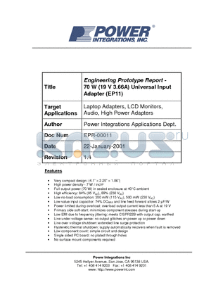 EP11 datasheet - Engineering Prototype Report - 70 W (19 V 3.66A) Universal Input Adapter (EP11)