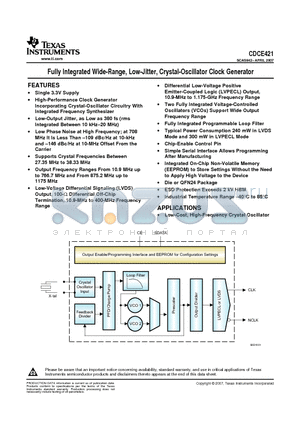 CDCE421RGER datasheet - Fully Integrated Wide-Range, Low-Jitter, Crystal-Oscillator Clock Generator